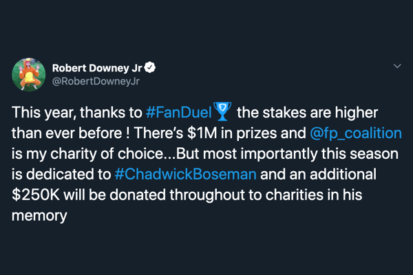 This year, thanks to #FanDuel the stakes are higher than ever before ! There’s $1M in prizes and @fp_coalition is my charity of choice...But most importantly this season is dedicated to #ChadwickBoseman and an additional $250K will be donated throughout to charities in his memory